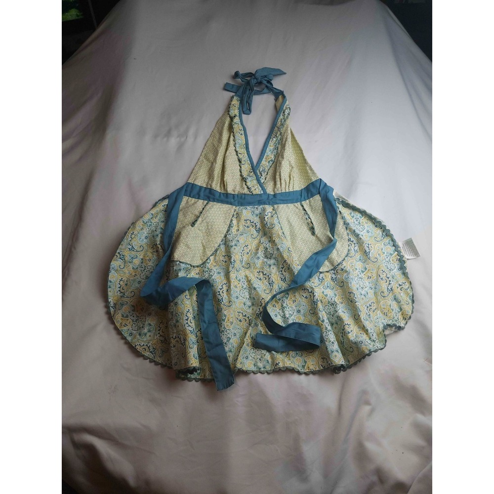 Simply Envogue Apron Womens One Size Blue Yellow Paisley Cotton Kitchen Cooking